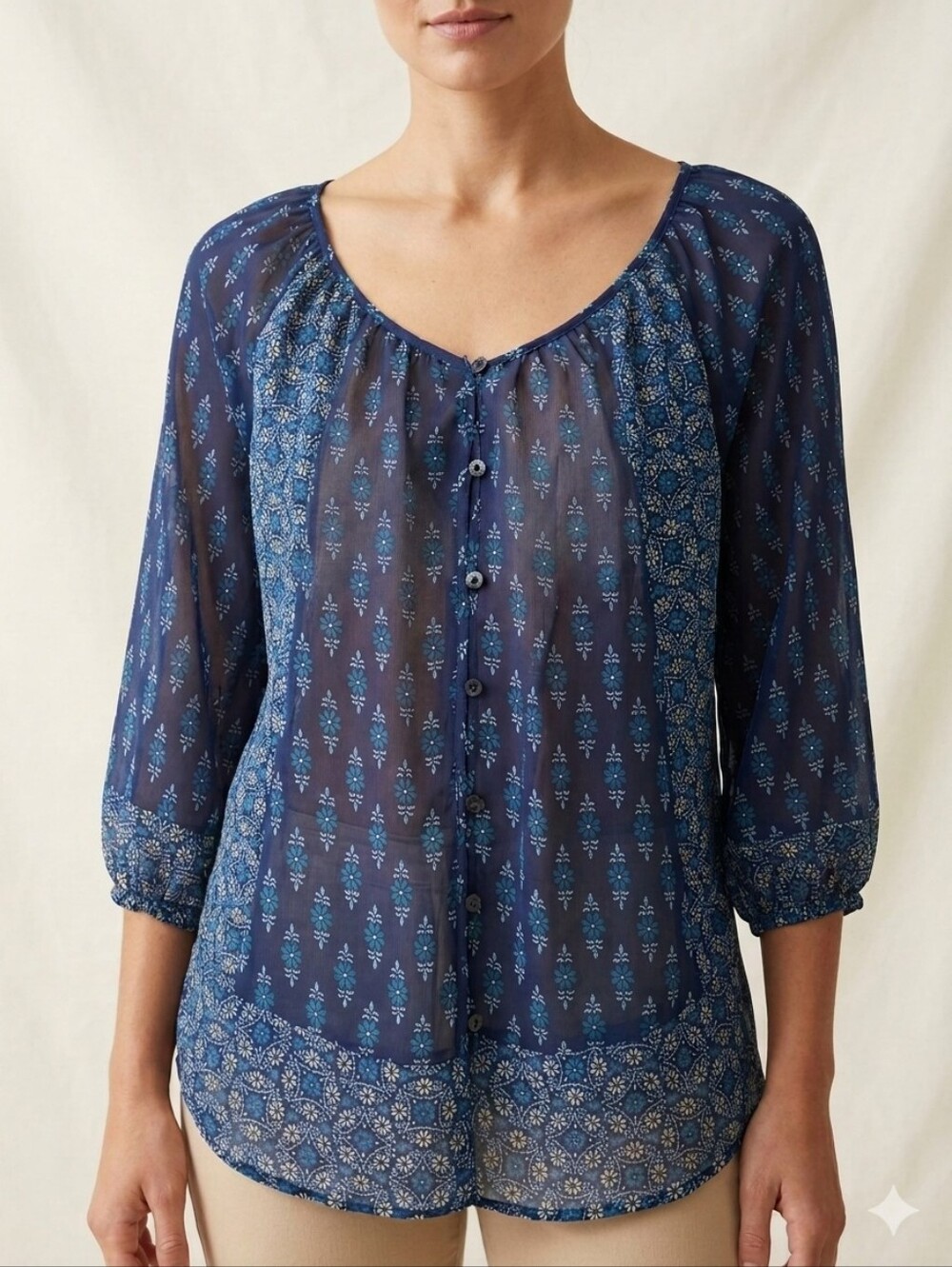 ELLE Sheer Peasant Tunic Blouse In Navy Floral Print